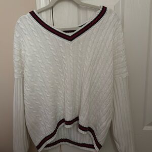Hollister White Cable Knit Sweater with Red and Blue Trim